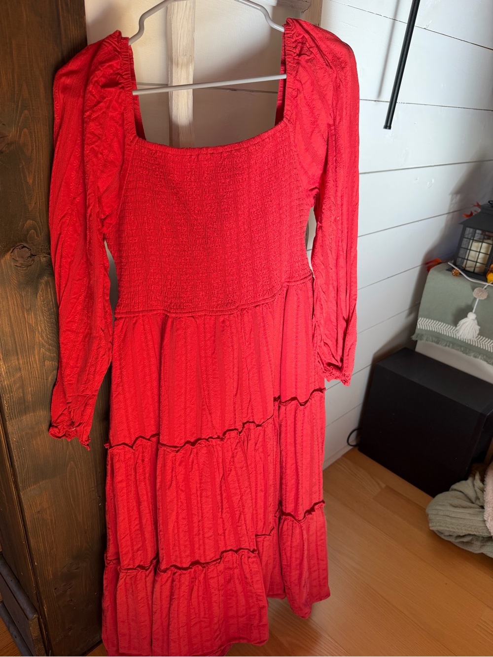 Red Long Sleeve Tiered Midi Dress - Women's